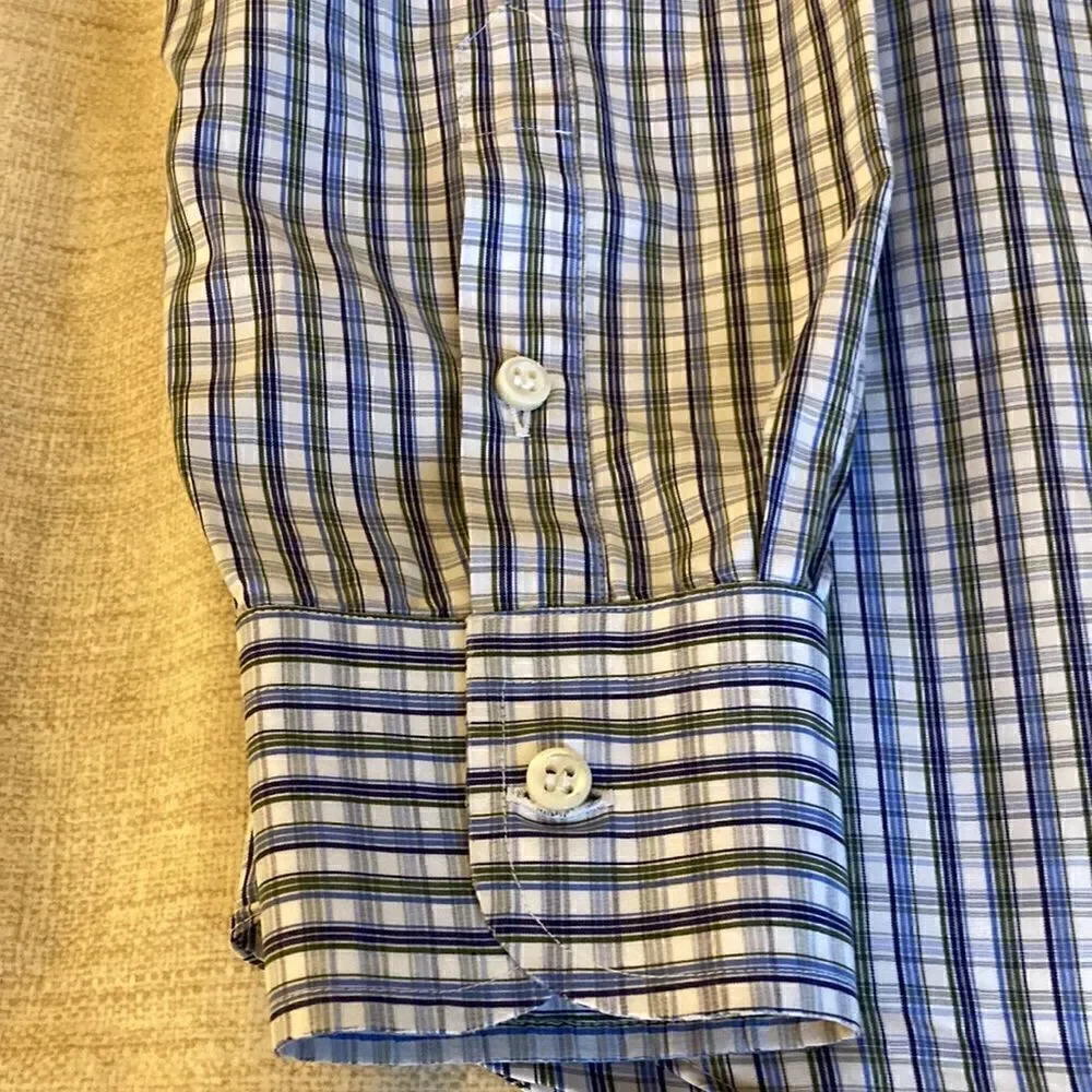 Barneys New York Mens Long Sleeve Fine Cotton Blue/Gray Checked Dress Shirt. XL - Picture 5 of 7